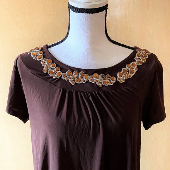 NWT Sz 1X Standard Brown/Orange Short Sleeve Top - Picture 2 of 4
